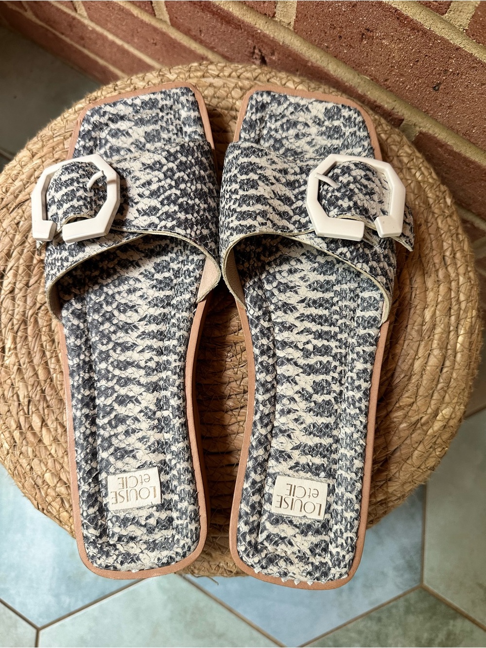 Louise et Cie Navy/Faded Black and White Woven Buckle Slide Sandals